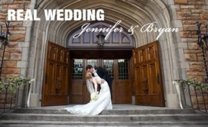 A bride and groom share a kiss in front of a large, ornate wooden door. The bride is leaning back while holding a bouquet, and the groom is bending forward to kiss her. The text "REAL WEDDING Jennifer & Bryan" is overlaid at the top of the image.