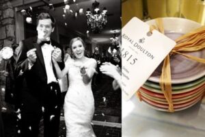 A newlywed couple, dressed in wedding attire, joyfully making their exit from a venue amidst falling confetti. Beside them is a stack of colorful Royal Doulton plates tied with a yellow ribbon, labeled "1815".