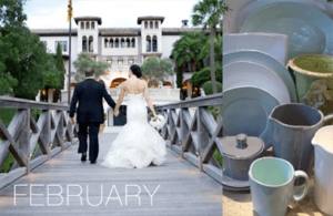 A bride and groom are walking on a wooden bridge leading to a grand building with palm trees in the background. The bride is wearing a white gown, and the groom is in a black suit. To the right are ceramic pots and dishes. The word "February" is displayed.