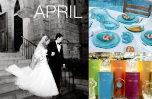 A collage titled "April" features a black-and-white photo of a bride and groom descending church steps, a colorful table setting with blue plates and orange accents, and a series of vibrant, rainbow-colored bottles arranged in a row.