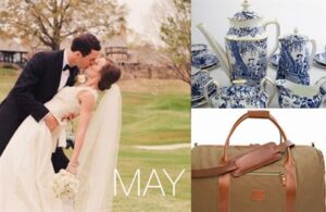 A collage with three images: a bride and groom kissing outdoors with "MAY" written below, a set of blue and white porcelain teapots and cups, and a brown duffel bag with leather straps.