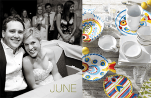 The left side of the image shows a black and white photo of a smiling couple in formal attire at a wedding, with "JUNE" written below. The right side features colorful, fish-themed ceramic dishes and glassware arranged on a wooden surface.