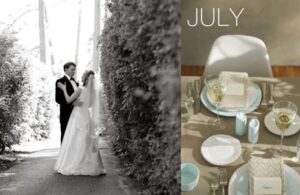 A couple in wedding attire stands on a path beside a hedge, sharing a moment. On the right, a table is set with white and blue dishware, wine glasses, and silverware, featuring a "July" title. The elegant setup includes napkins and a small box with a name card.