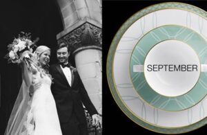 A bride and groom, dressed for their wedding, joyfully exit a building with a bouquet. Next to them is a decorative plate with a teacup on top, labeled "September." The composition juxtaposes the wedding scene and a calendar element.