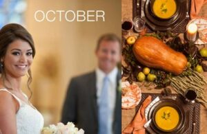 A bride in a white dress stands smiling on the left side of the image, with the word "OCTOBER" above her. On the right, there is a lavishly set dinner table decorated with autumn leaves, a candle, and a squash. The table features bowls of soup.