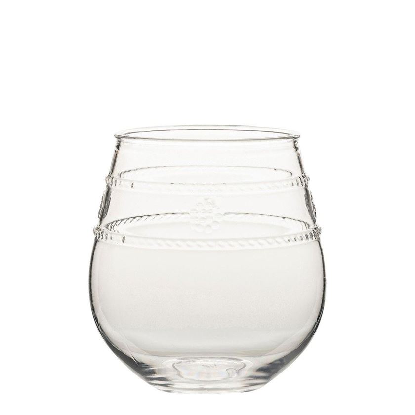 Photo of a clear, stemless wine glass
