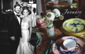 A black-and-white photo on the left shows a bride in a strapless gown and a groom in a tuxedo smiling. To the right, a colored image displays vintage dishes and flowers in jars on a wooden table with the word "January" written across.