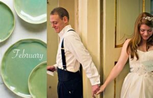 A bride and groom stand back-to-back, holding hands around a door. The bride wears a tiara and a white gown while the groom is dressed in a white shirt with suspenders. They both have their eyes closed, smiling. The left side of the image features green plates and the word "February.