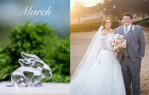 Split image with "March" text at the top. Left side shows a clear glass rabbit figurine with greenery in the background. Right side features a bride in a white gown and veil holding a bouquet, standing beside a groom in a gray suit.