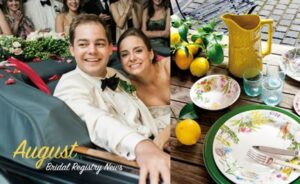 A joyful newlywed couple sits in a car adorned with red petals and surrounded by friends. Beside them, a table is set with floral-patterned dishes, a yellow jug, lemons, and glasses. The text "August Bridal Registry News" is displayed in the bottom left corner.