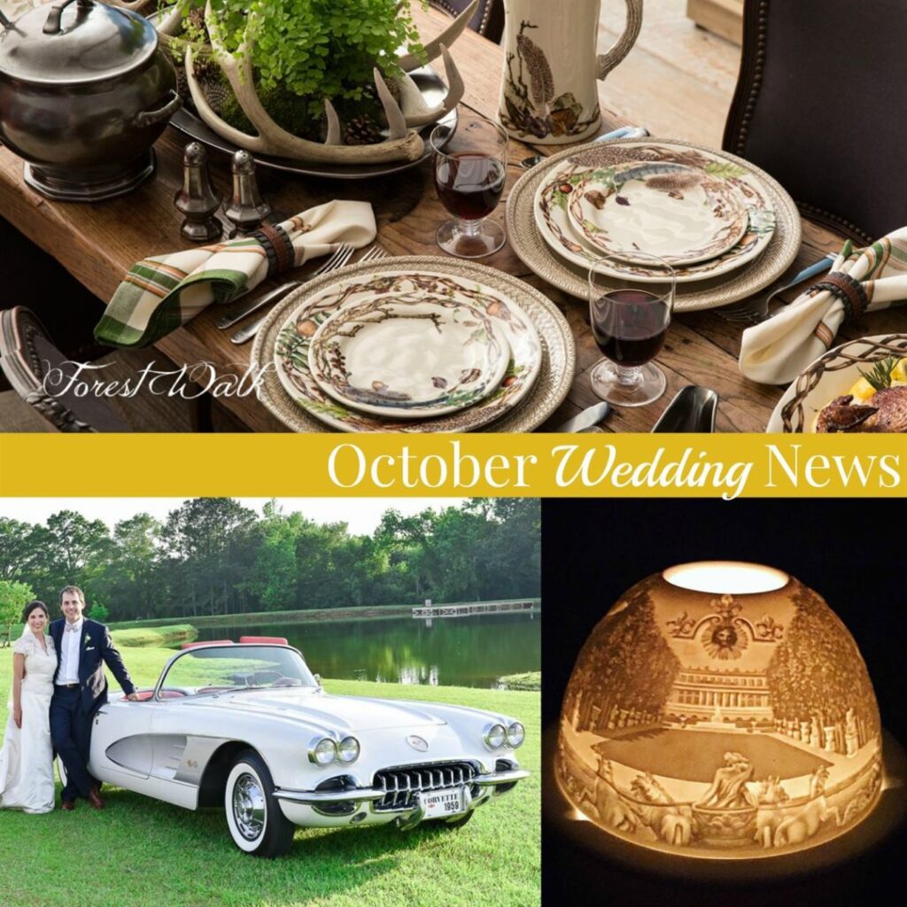 A collage of three images: a table set for an elegant meal with nature-themed plates and wine glasses; a newlywed couple posing in front of a classic white convertible near a pond; and a carved pumpkin featuring intricate designs and a scenic landscape. Text reads "October Wedding News.