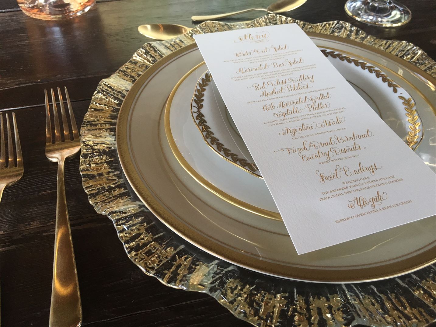 Mix and Match Formal and Casual China Patterns for the Perfect Head Table: Vietri Rufolo Gold Charger with Pickard Dinner Plate. Menu by Red Bird Paper Company Birmingham, AL