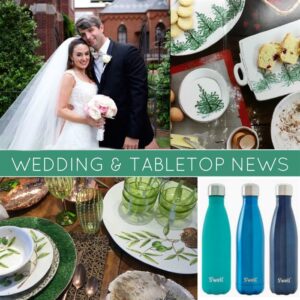 A collage: top left shows a bride and groom smiling at their wedding. The right shows close-ups of tableware with botanical designs, used dishes, and a stack of sugar cookies. Bottom right exhibits three Swell water bottles in green, blue, and teal. Text reads: "Wedding & Tabletop News.