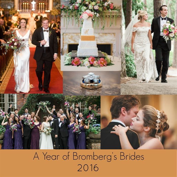 A collage of wedding scenes: a bride and groom walking down the aisle, a wedding cake with floral decorations, a couple walking outdoors, a bridal party posing, and a couple dancing. Text at the bottom reads "A Year of Bromberg's Brides 2016".