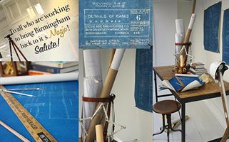 A collage showcasing a workspace with blueprints, drafting tools, and a chalkboard. Text in the image reads, "To all who are working to bring Birmingham back to its magic! Salute!" The workspace includes rolled-up blueprints, measuring tools, and a desk with open books.