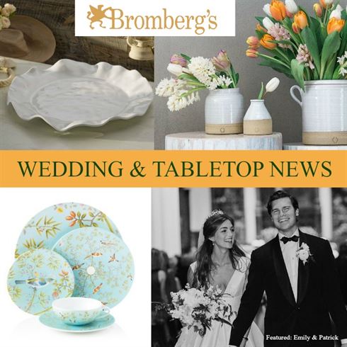 A collage promoting Bromberg's Wedding & Tabletop News. Top: two cream-colored pitchers with white tulips and peaches. Middle: text "WEDDING & TABLETOP NEWS." Bottom-left: Floral-printed plates. Bottom-right: A newlywed couple, the bride in a white gown and the groom in a suit.