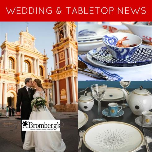 Composite image with a red banner at the top reading "Wedding & Tabletop News." Top left: a couple in wedding attire standing in front of a grand building. Top right: a close-up of blue and white tableware. Bottom right: elegant white and gold dinnerware set. "Bromberg's" logo at the center.