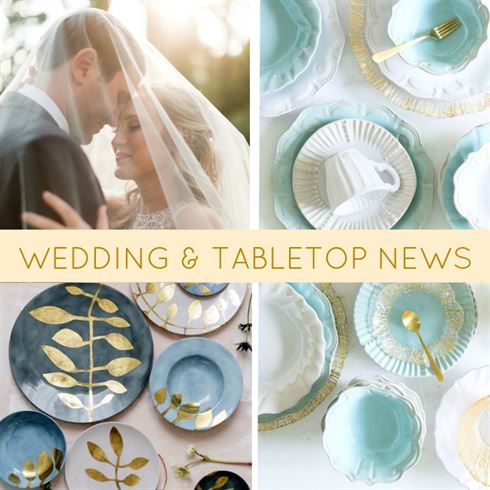 A bride and groom stand close under a veil on the left. On the right, a collage features elegant, pastel and gold-toned dishware, including plates, cups, saucers, and a gold-tipped fork. Text in the center reads "Wedding & Tabletop News.