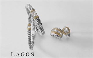 A luxury jewelry set from Lagos featuring a silver and gold bracelet and a coordinating silver and gold ring adorned with diamond accents, displayed on a white background. The logo "LAGOS" is written in black text at the bottom left corner.