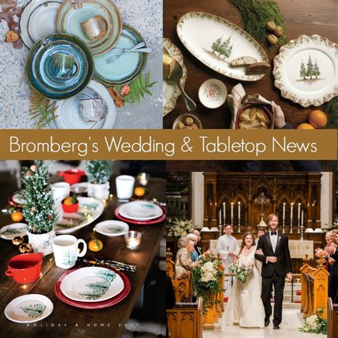 A collage of four images labeled "Bromberg's Wedding & Tabletop News" featuring elegant plates with festive tree designs, a decorated holiday table setting, and a wedding couple walking down the aisle with their wedding party.