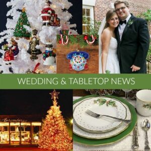 A collage features a decorated white Christmas tree, a colorful festive door ornament, a couple in wedding attire, a well-lit store with a large decorated tree outside, and a holiday-themed table setting. "Wedding & Tabletop News" text overlays the center.