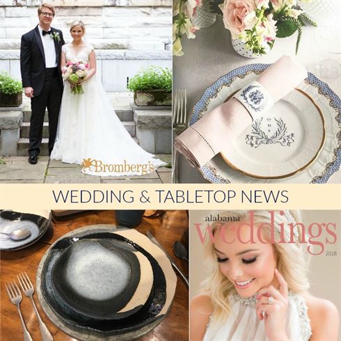 A collage image with four sections. Top left: a bride and groom standing outside. Top right: a table setting with a patterned plate and a rolled napkin. Bottom left: a black plate on a wooden table. Bottom right: a smiling bride on an Alabama Weddings magazine cover.