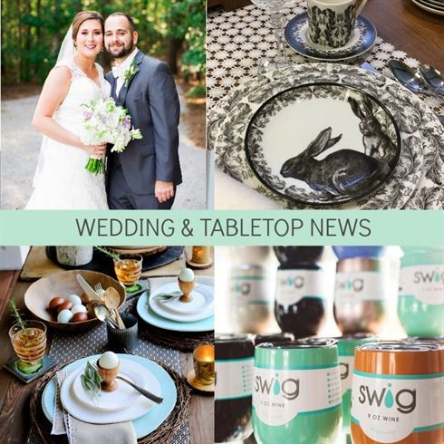 A collage of four images titled "Wedding & Tabletop News." The top left shows a bride and groom. The top right features a black and white rabbit-themed plate and cup set. The bottom left depicts an elegant breakfast setting, and the bottom right displays Swig brand canned beverages.