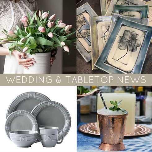 A collage features a person holding a vase with pink tulips, botanical-printed ceramic plates, a set of grey dinnerware, and a copper mug with a mint garnish next to a lit candle. Text reads "WEDDING & TABLETOP NEWS.