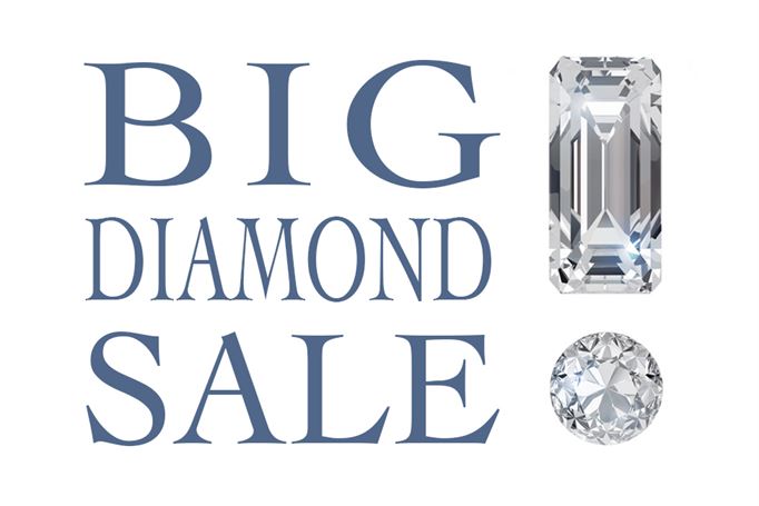 "Text reading 'Big Diamond Sale' with an image of an emerald-cut diamond next to the word 'Big' and a round-cut diamond next to the word 'Sale'".