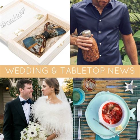 A collage with a wooden box containing a cowboy belt, a man holding a wooden drink flask in a garden, a newlywed couple in wedding attire, and a table setting with a turquoise plate and bowl of soup. Text at the bottom says "WEDDING & TABLETOP NEWS.