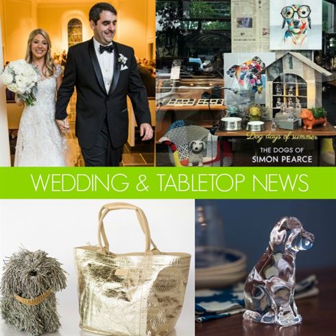 Collage featuring a wedding couple, a storefront display with dog-themed decor, and products including a shaggy dog toy, a gold handbag, and a glass dog figurine. Text reads "Wedding & Tabletop News.