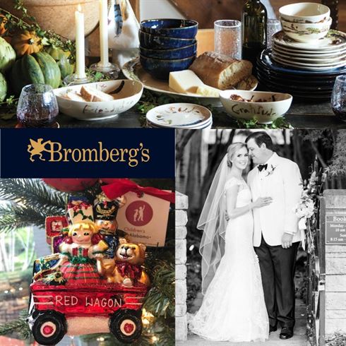 A collage with four sections: a table set with dinnerware and candles, a Bromberg's logo, a Christmas ornament shaped like a red wagon filled with toys, and a black-and-white photo of a bride and groom embracing.