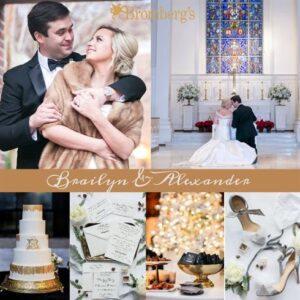 A collage of wedding scenes and details: a couple in formal attire, the bride in a fur stole, and the groom in a tuxedo, dancing and posing indoors. Below are photos of a three-tier cake, invitations, festive champagne, floral decor, and bridal accessories.