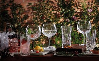 A variety of crystal cocktail glasses and tumblers, each filled with different beverages and garnishes, are displayed on a wooden table outdoors. The table also has citrus garnishes, herbs, and a small brown ceramic dish. A green leafy background is visible.