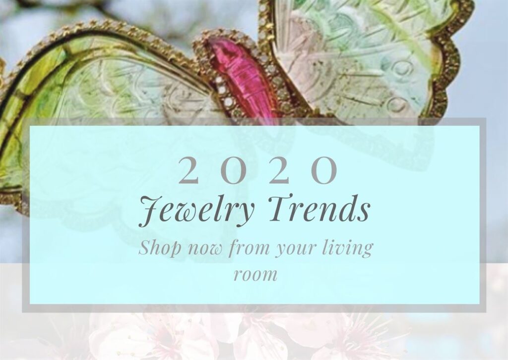 A promotional image features a translucent butterfly in the background. The text overlay reads "2020 Jewelry Trends" with the subtext "Shop now from your living room" on a light blue banner, promoting the latest jewelry trends for the year.