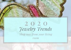 A promotional image features a translucent butterfly in the background. The text overlay reads "2020 Jewelry Trends" with the subtext "Shop now from your living room" on a light blue banner, promoting the latest jewelry trends for the year.