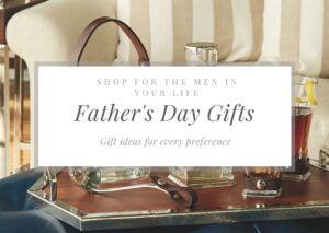 A banner displaying a variety of Father's Day gift ideas on a tray, including a decanter, glasses with drinks, and metal bar tools. The text reads, "Shop for the men in your life. Father's Day Gifts. Gift ideas for every preference.