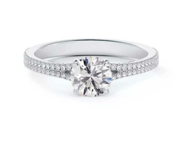 platinum round engagement ring with two row diamond pave band sold at Bromberg's