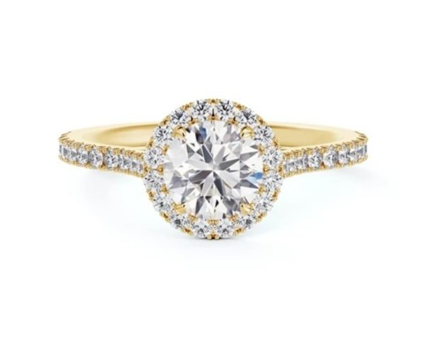 yellow gold round halo engagement ring with diamond band