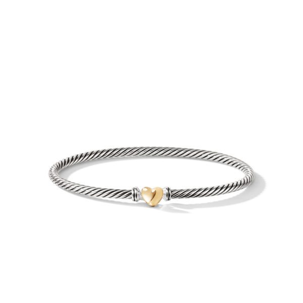 A silver twisted cable bracelet featuring a small gold heart accent at the center. The bracelet has a sleek, elegant design with a focus on the contrasting gold heart and silver cable. The background is plain white.