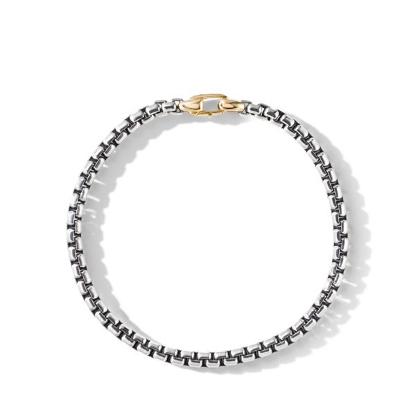 A close-up image of a silver chain bracelet with a box link design and a gold clasp, arranged in a circular shape. The bracelet casts a subtle shadow against a white background.