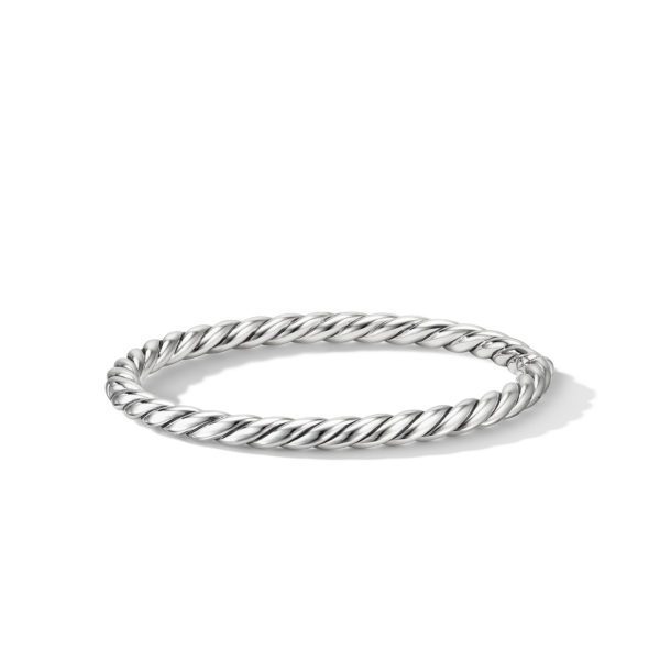 A silver twisted rope design bangle bracelet is depicted. The bangle has a polished finish and a seamless circular shape, giving it an elegant and timeless appearance. The background is plain white.