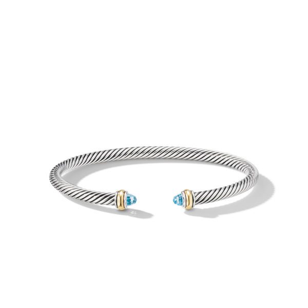 A silver twisted cable bracelet with an open-ended design, featuring two gold accents at the ends. Each end is adorned with a small round blue gemstone. The bracelet casts a shadow against a plain white background.