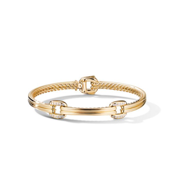 A gold bracelet features a sleek design with two polished links adorned with small, sparkling stones. The bracelet also has a hinged clasp for securing it around the wrist. It exudes elegance and luxury with its refined craftsmanship and attention to detail.