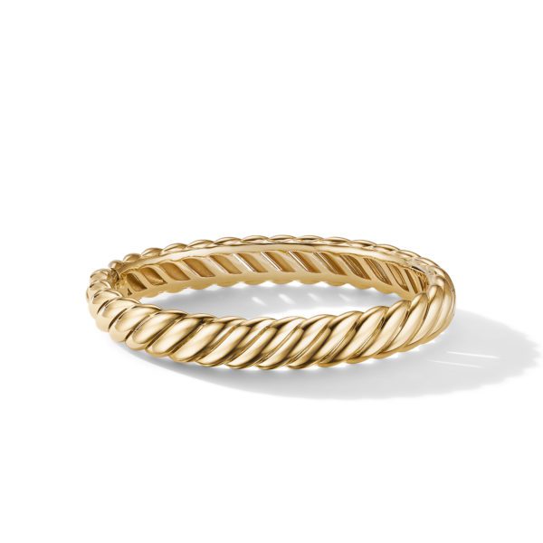 A gold bracelet with a twisted rope design. The bracelet features smooth, curved lines that spiral around its circumference, creating a stylish and elegant appearance. The background is white, putting the focus entirely on the intricate details of the bracelet.