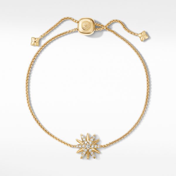 A delicate gold bracelet featuring an adjustable slider and two small flower charms at the ends. The bracelet's centerpiece is a radiant starburst charm embellished with sparkling crystals.