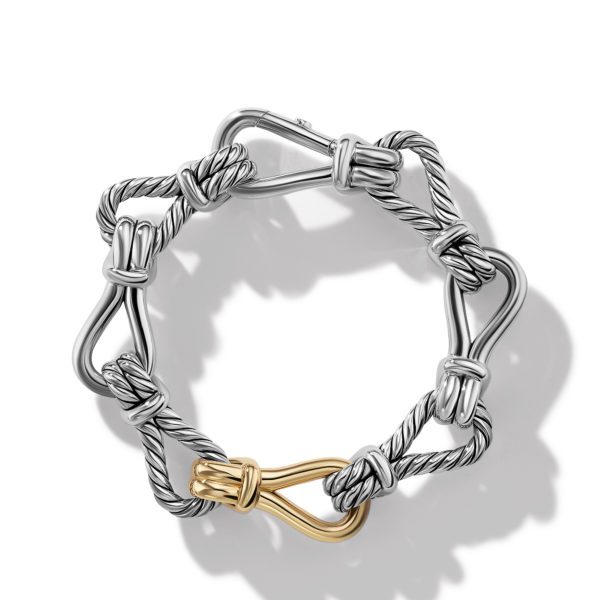 A bracelet made of twisted metal links, resembling nautical rope designs, each shaped like a figure eight. All links are silver except for one gold link, which adds a contrasting element. The bracelet is arranged in a circular form against a plain white background.