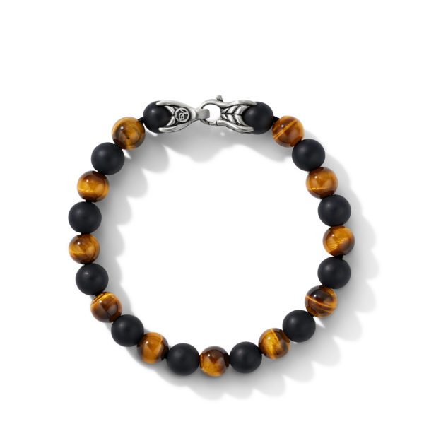 A beaded bracelet featuring alternating black and tiger eye beads. The bracelet is secured with a silver clasp shaped like a dragon's head. The beads have a polished finish, and the bracelet is arranged in a circular pattern against a white background.