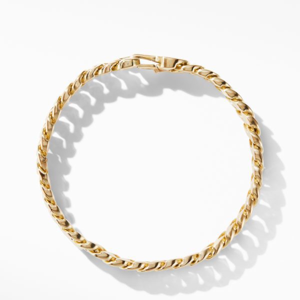 A close-up image of a gold chain bracelet with a clasp, arranged in a circular shape on a white background. The chain consists of interlocking, twisted links, giving it a stylish, polished appearance. Shadows are cast beneath the chain, enhancing its 3D look.