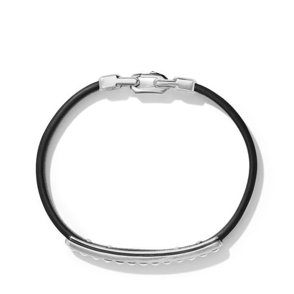 A sleek black leather bracelet features a polished silver clasp and a textured silver bar detail. The bracelet is displayed on a plain white background, highlighting its minimalist and modern design.